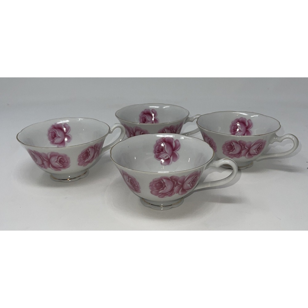 Set of 4 Lefton Fine China Hand Pained Rose Japan Tea Coffee Cups Gold Trim